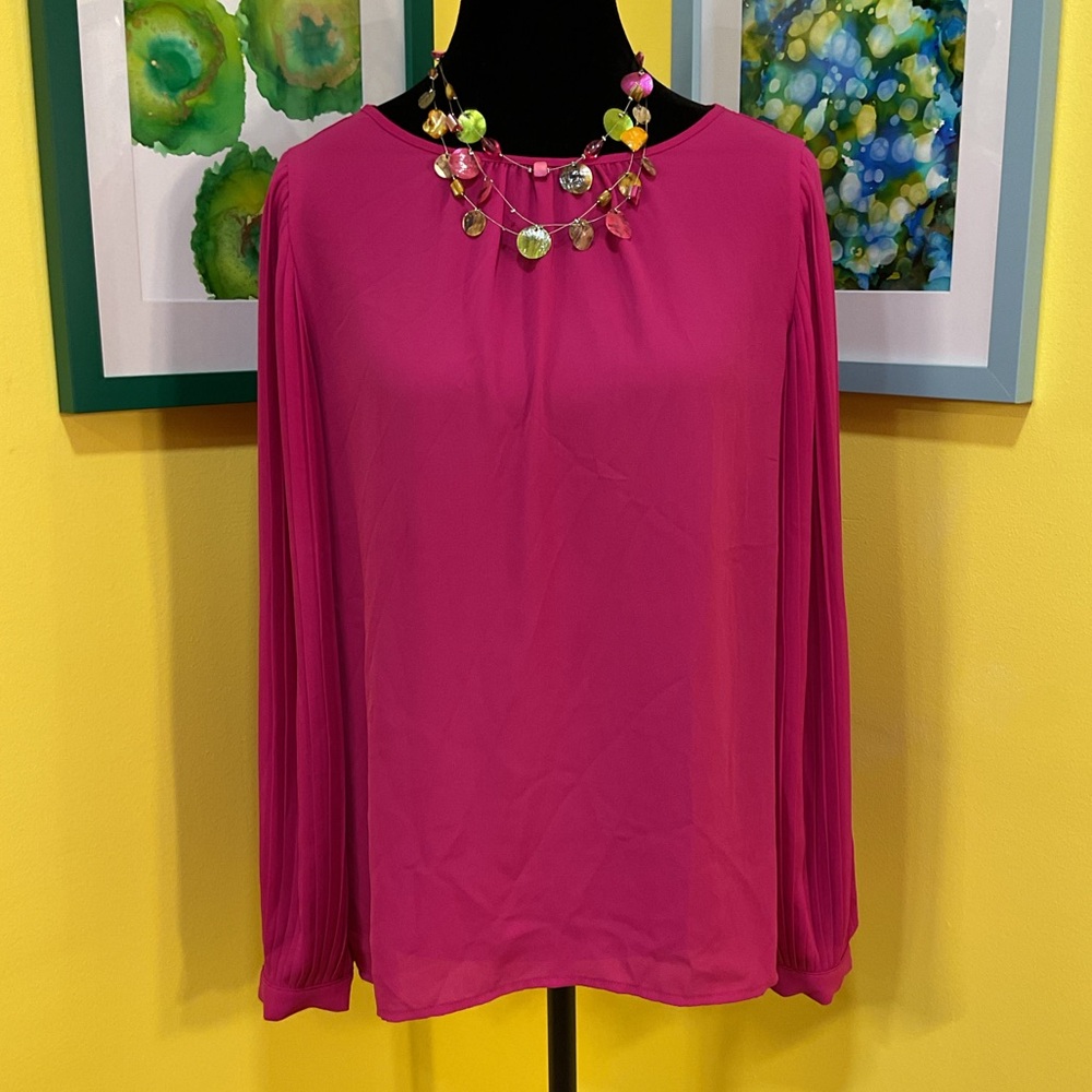 J. Crew Vibrant Fuchsia Accordion Sleeve Key-Hole Back Blouse Size Small